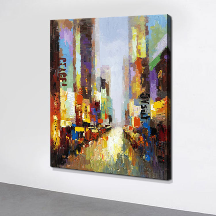 Night In City- Handmade Abstract Street Canvas Wall Art City Painting