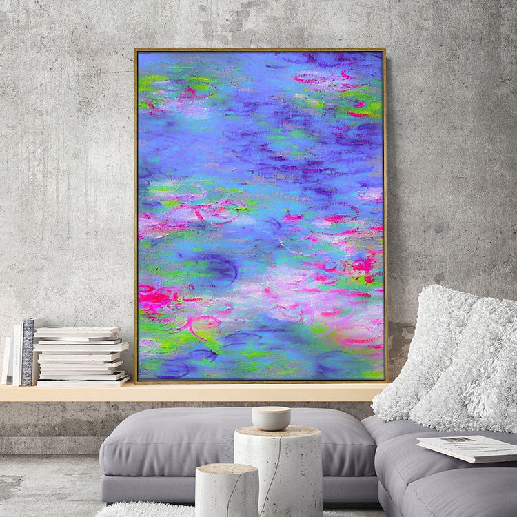 Étang de lotus - Peinture à l'huile sur toile avec fleurs peintes à la main 