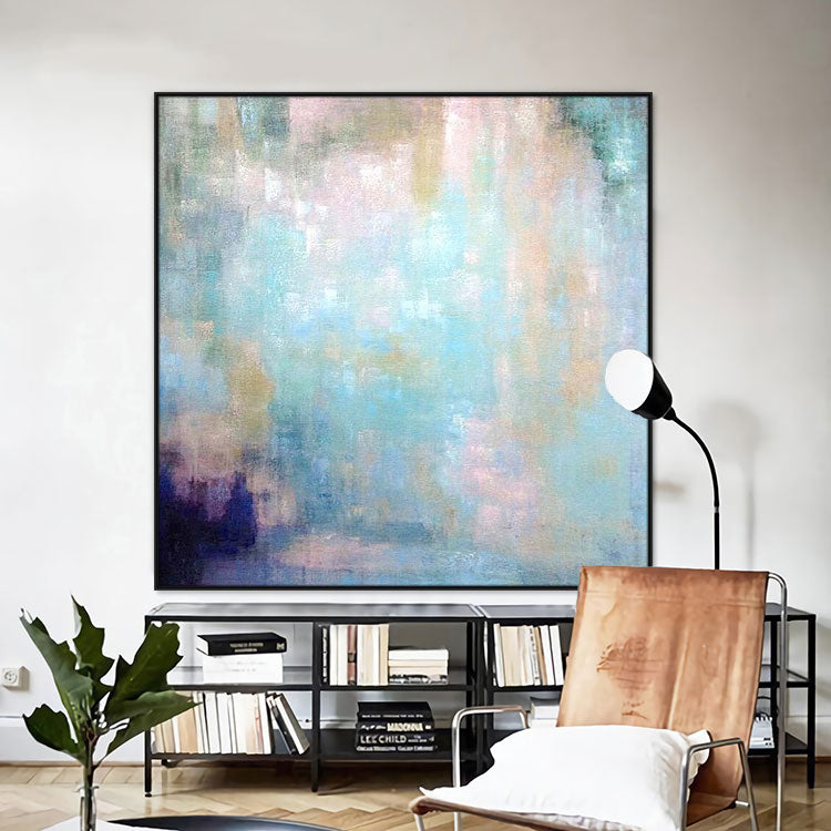 Light Blue Abstract Art Green Painting Living Room Painting Handmade Large Modern Painting | Peaceful mountain village