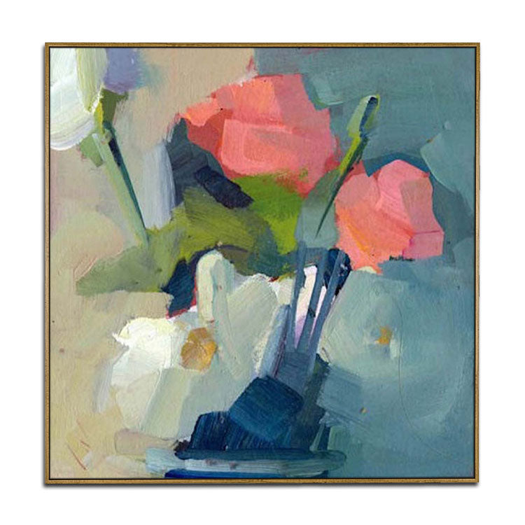 Fleurs roses et blanches dans un vase - Peinture à l'huile abstraite moderne faite à la main 