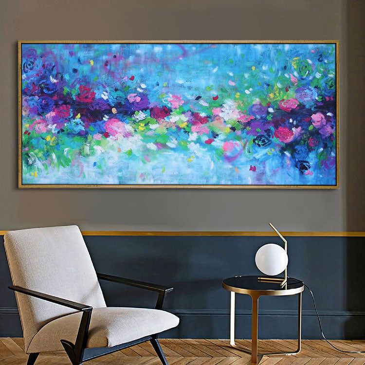 Peinture à l'huile abstraite extra large pour salon, peinture bleue, peinture verte, toile d'art blanche | Fleurs tombées 