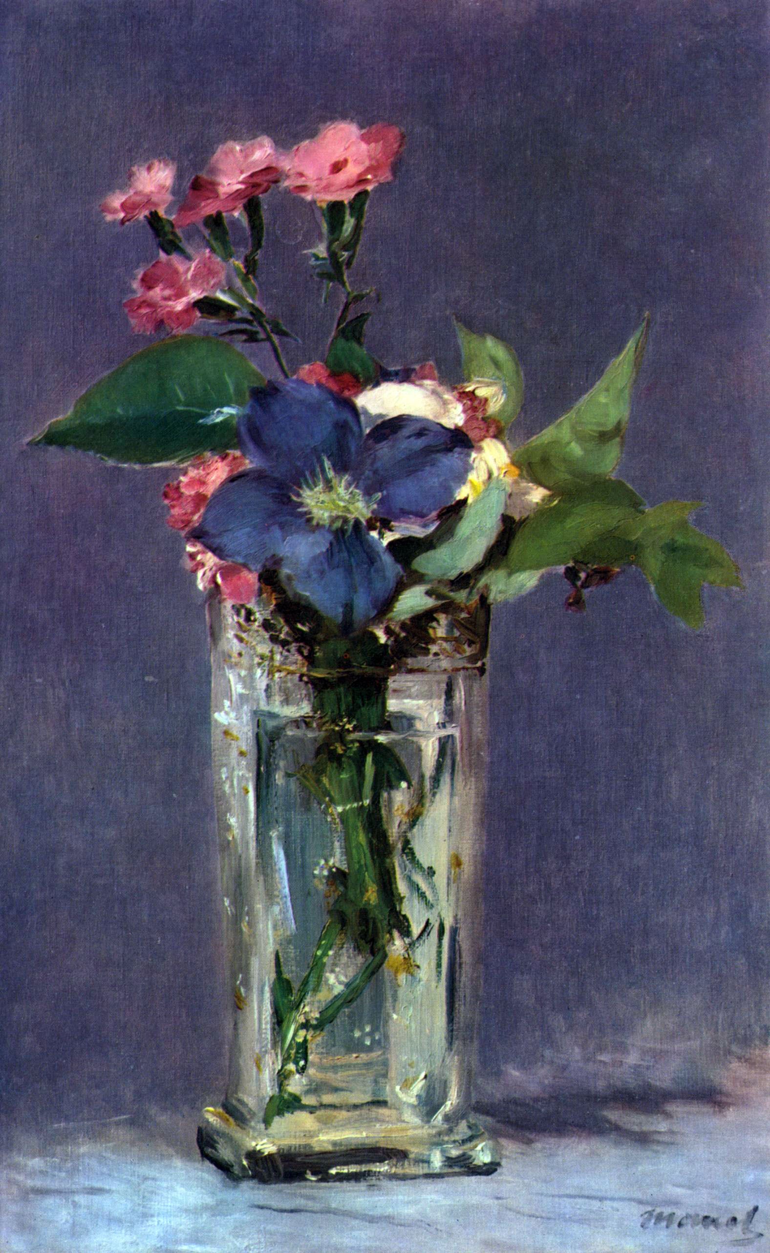 Carnations and Clematis in a Crystal Vase