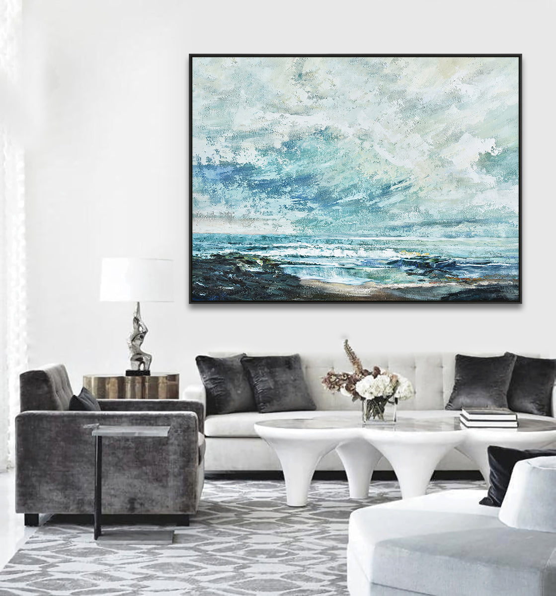 Handmade large size original blue beach canvas wall art abstract painting