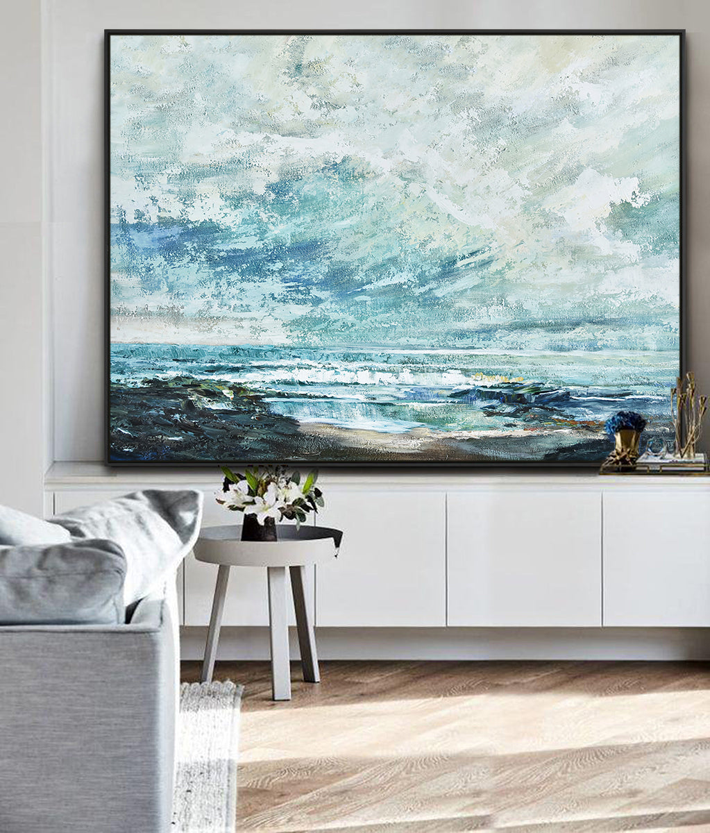 Handmade large size original blue beach canvas wall art abstract painting